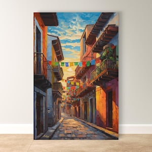 Jalisco Mexico Cityscape Painting Print on Canvas, Framed Canvas, Colorful Colonial Street Wall Art, Mexican Decor For Living Room, Entryway