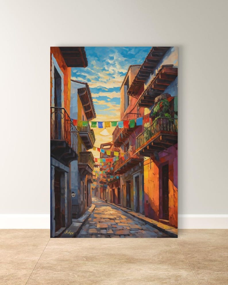 Jalisco Street Wall Art, Colorful Mexico Canvas Print, Papel Picado Decor, Mexican Street Scene, Latin Travel Art, Boho Framed Canvas Gift
Mexican Street Canvas Wall Art, Jalisco Architecture Painting Print, Colorful Framed Canvas, Mexico Wall Decor, Gift for Her, Art Print.Bring golden Mexican streets into your space with this vibrant Jalisco wall art print, glowing with colonial charm