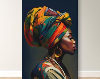 Afrikaanse vrouw muur kunst zwarte vrouw portret canvas, gewaagde headwrap schilderij, Afrocentric Home Decor, moderne Boho Wall Art geschenken ingelijst canvas
