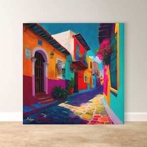Mexican Pueblo Cityscape Painting Print, Canvas Framed Canvas, Colorful Street Art Print, Mexico Wall Art For Living Room, Boho Home Decor