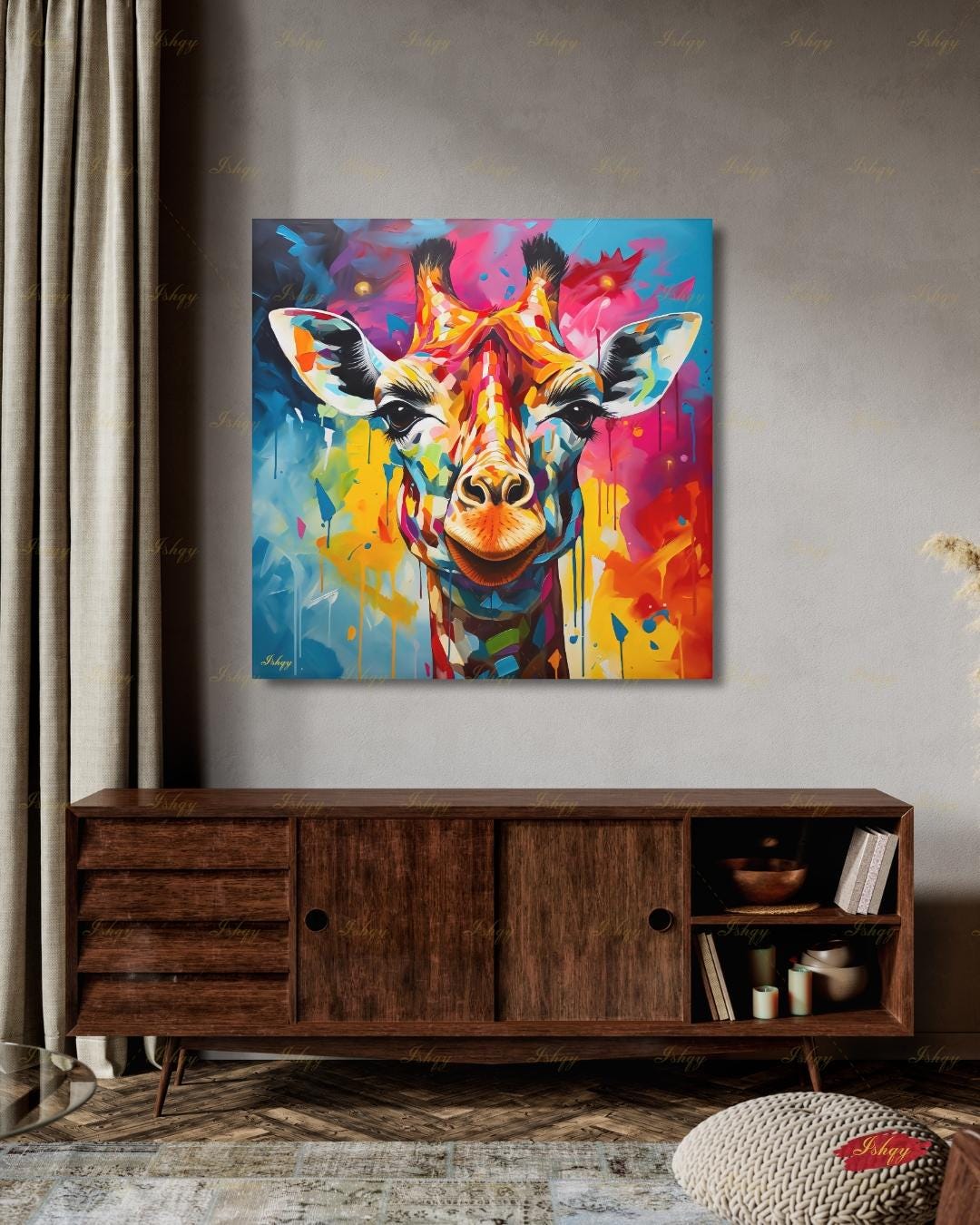 Giraffe Wall Art Large Canvas Print, Colorful Abstract Animal Portrait ...