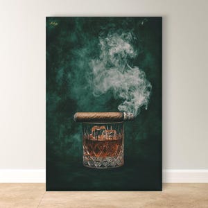 Cigar Whiskey Art, Framed Lounge Decor, Classy Bar Wall Art, Whiskey Canvas Print, Cigar Lounge Decor, Man Cave Wall Art, Framed Bar Decor