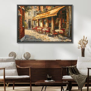 European Cafe Street Wall Art Print, Canvas, Framed Canvas, Rustic Vintage Parisian Bistro, Old Town Cobblestone Alley, Kitchen Dining Decor