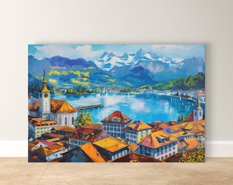 Lucerne Wall Art, Switzerland Lake Canvas Print, Swiss Alps Cityscape Decor, Europe Travel Art, Colorful Rooftop Framed Canvas Gift