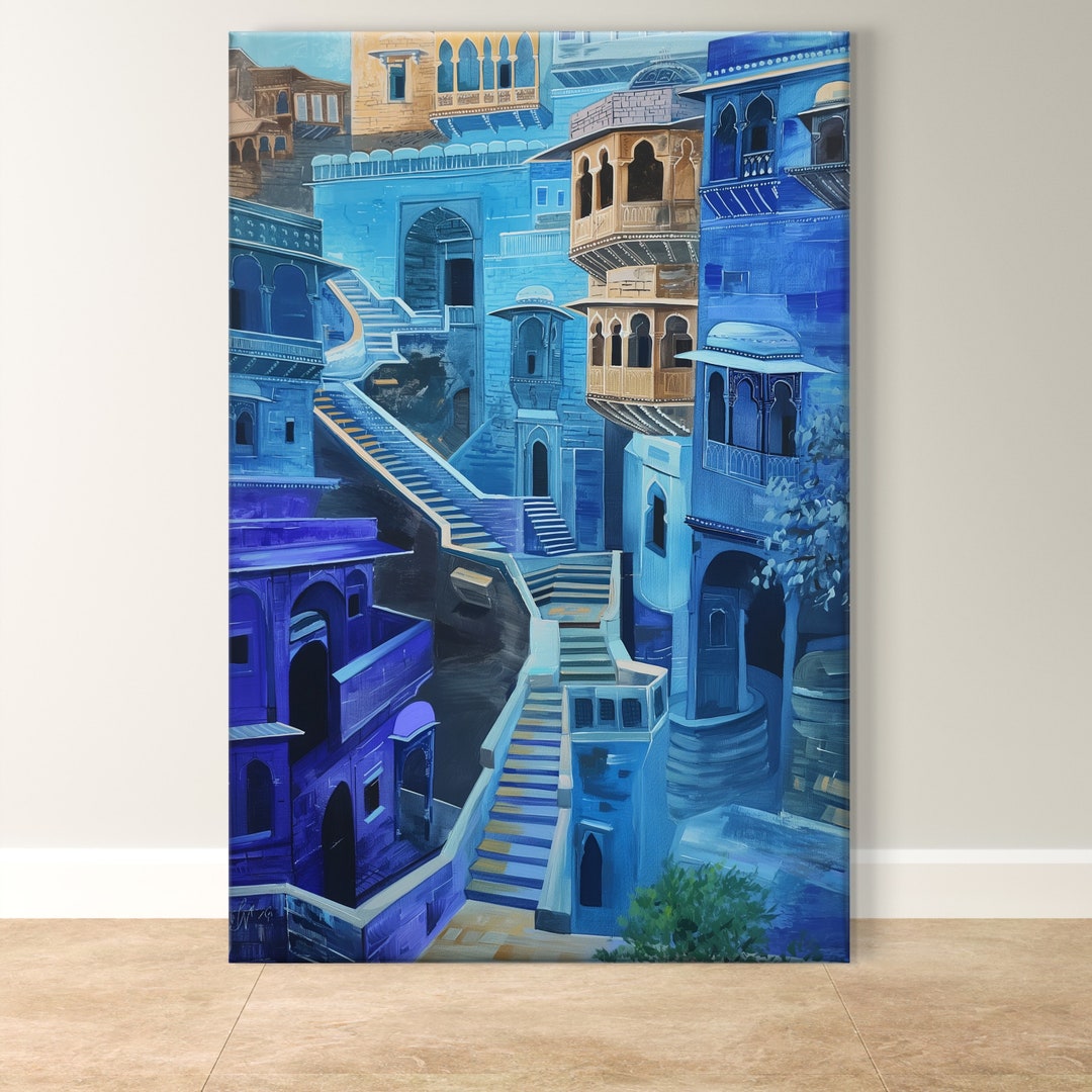 Jodhpur Wall Art, Blue City Print, Rajasthan India Painting, Vibrant ...