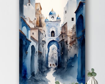 Watercolor Moroccan Art - Blue City Chefchaouen Canvas Print, Vibrant Morocco Wall Decor for Modern Homes