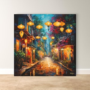 Hoi An Lantern Street Painting Print, Canvas & Framed Canvas Vietnam Wall Art, Colorful Vietnamese Cityscape Night Scene Home Decor Art