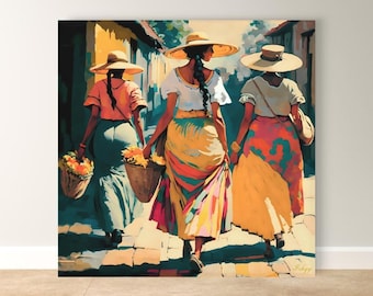 Kolumbianische Frauen Wandkunst - Lebendiger ethnischer Druck, gerahmte Leinwand, moderne Medellin und Cartagena Wohnkultur, südamerikanische Kulturkunst
