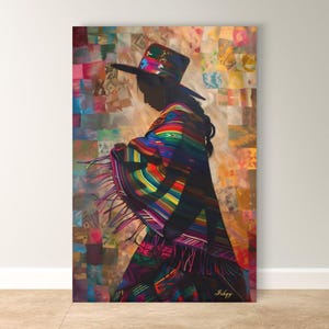 Peruvian Wall Art, Andean Woman Portrait Canvas Print, Colorful Textile Poncho Painting, Latin Folk Decor, Framed Canvas Gift, Boho Home Art