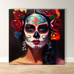 Arte mural del Día de Muertos, lienzo de calavera de azúcar mexicana, impresión de retrato de Catrina, decoración del Día de los Muertos, regalo cultural latino único