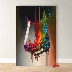Buntes Weinglas Gemälde, Leinwand Kunstdruck, Wein Liebhaber Geschenk, Abstrakte Wein Wand Dekoration & Geschenke, Große Küchen Wand Kunst, Bar Dekor