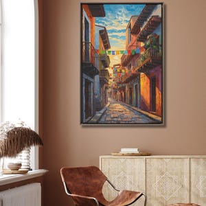 Mexican Street Canvas Wall Art, Jalisco Architecture Painting Print, Colorful Framed Canvas, Mexico Wall Decor, Gift for Her, Art Print.Bring golden Mexican streets into your space with this vibrant Jalisco wall art print, glowing with colonial charm