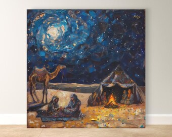 Bedouin Desert Camp Canvas Wall Art, Starry Night Sky Framed Canvas Print, Arabian Camel Impressionist Oil Painting, Living Room Wall Decor