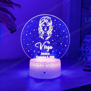 Virgo Zodiac Sign Personalized Acrylic Night Light Perfect Birthday Gift for Her or For Him Horoscope Sign Custom Handmade Led Bedroom Decor