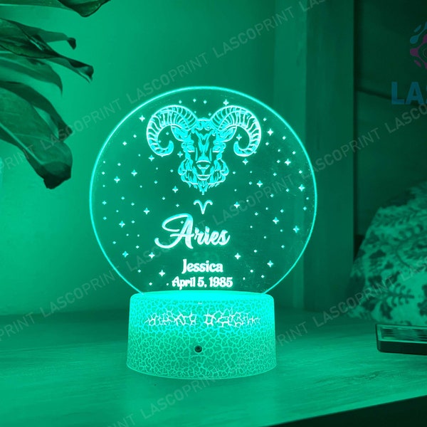 Aries Zodiac Sign Personalized Acrylic Night Light Perfect Birthday Gift for Her or For Him Horoscope Sign Custom Handmade Led Bedroom Decor