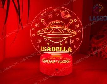 Kids Personalized Acrylic Night Light UFO in Space | Perfect Birthday Gift for Girls or Boys | Custom Handmade Led Kids Bedroom Decor