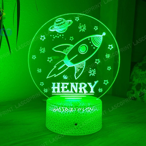 Kids Personalized Acrylic Night Light Rocketship in Space | Perfect Birthday Gift for Girls or Boys | Custom Handmade Led Kids Bedroom Decor