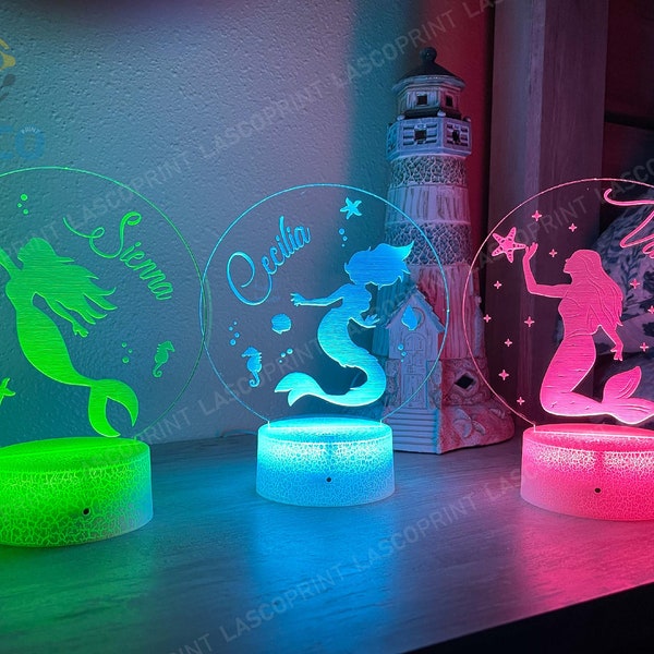 Mermaid Kids Personalized Acrylic Night Light | Perfect Birthday Gift for Girls or Boys Custom Name Handmade Led Kids Bedroom Decor