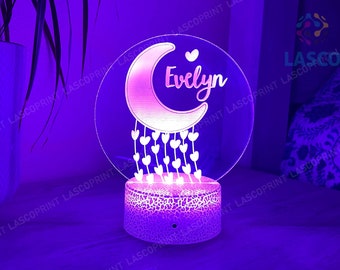 Kids Personalized Acrylic Night Light Laser Kids Moon & Hearts | Perfect Birthday Gift for Girls or Boys | Custom Handmade Bedroom Decor