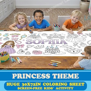 May include: A large, white coloring sheet with a princess theme, featuring illustrations of castles, princesses, and the name "Sophia". The sheet measures 30x72 inches and is being colored by several children.