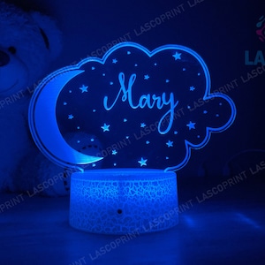 Kids Personalized Acrylic Night Light Moon & Cloud Laser Kids| Perfect Birthday Gift for Girls or Boys | Custom Handmade Bedroom Decor