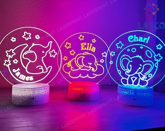 Kids Personalized Acrylic Night Light Laser Kids Baby Elephants | Perfect Birthday Gift for Girls and Boys | Custom Handmade Bedroom Decors