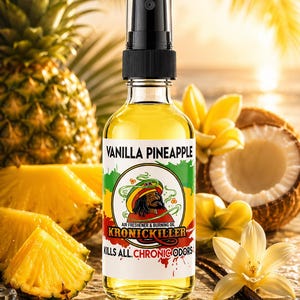 Puede incluir: Un frasco de spray de vidrio transparente lleno de líquido amarillo, con una etiqueta que dice VANILLA PINEAPPLE, KRONICKILLER, AIR FRESHENER & BURNING OIL y KILLS ALL CHRONIC ODORS, con un gráfico de una persona con un sombrero rojo, amarillo y verde.