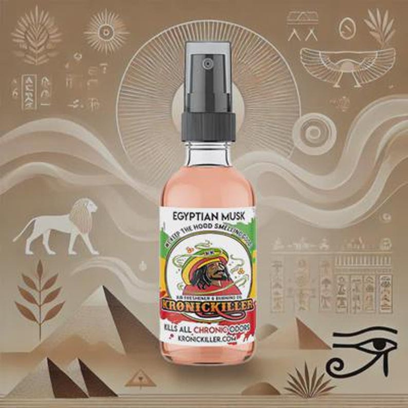 K&ouml;nnte beinhalten: Eine transparente Spr&uuml;hflasche aus Glas, gef&uuml;llt mit einer rosa Fl&uuml;ssigkeit, mit der Aufschrift "Egyptian Musk". Das Etikett zeigt eine Cartoon-Abbildung einer Person mit Hut. Der Hintergrund ist beige mit &auml;gyptisch thematischen Illustrationen.
