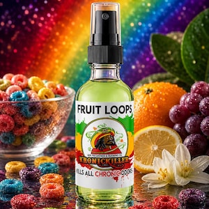 May include: A clear glass spray bottle filled with light green liquid, featuring a label that reads FRUIT LOOPS, KRONICKILLER, and KILLS ALL CHRONIC ODORS. The label displays a graphic of a person wearing a hat with red, yellow, and green colors.