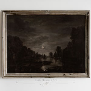 Gothic Landscape, Dark and Mysterious Antique Art, Dark Cottagecore Aesthetic, Dark Academia Painting, Moonlit Landscape, Full Moon, Witchy