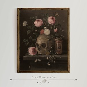 Pintura de calavera vintage, arte gótico, decoraciones de Halloween, naturaleza muerta de Vanitas, pintura al óleo, Jan van Kessel, calavera y rosas, naturaleza muerta