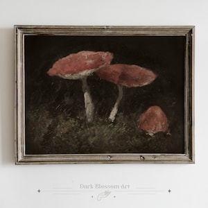 Vintage Mushroom Print, Dark Academia, Red Mushroom, Dark Botanical Art, Dark French Country, Dark Cottagecore, Rustic Art, Moody Art Print