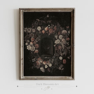 Gothic Kranz, dunkle Academia Ästhetik, dunkles Blumenbouquet, Vintage botanisch, dunkles französisches Land, dunkler Cottagecore, dunkles Stillleben