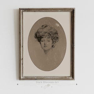 Gibson Girl, Female Portrait, Antique Portrait, Victorian Woman, Dark Academia, Curly Haired Woman, Charles Dana Gibson, Gallery Wall Art