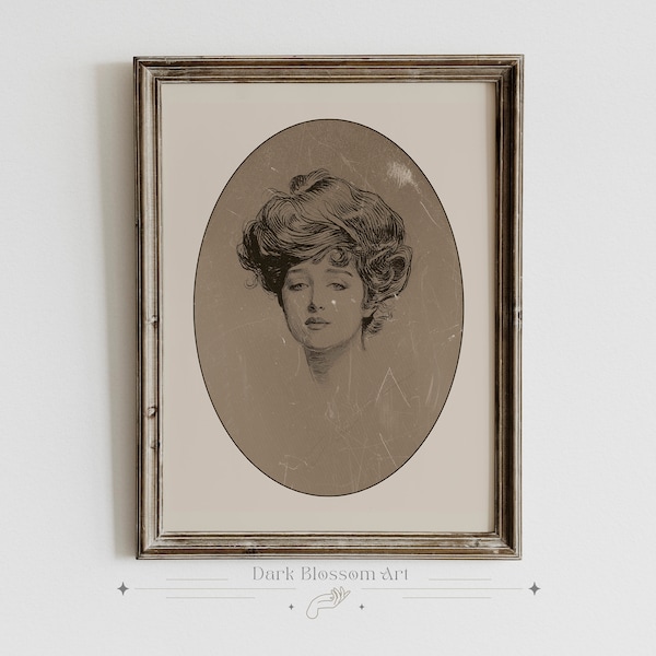 Gibson Girl, Female Portrait, Antique Portrait, Victorian Woman, Dark Academia, Curly Haired Woman, Charles Dana Gibson, Gallery Wall Art