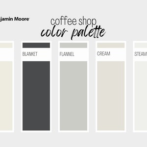 Coffee Shop Paint Color Palette, Benjamin Moore, Neutral Interior Paint Palette, Professional Paint Scheme, Color Selection, Interior Design