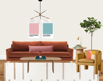 Room Design Package, Interior Design Services, Colorful Mid Century Modern Living Room Design Package, Online Interior Design Service