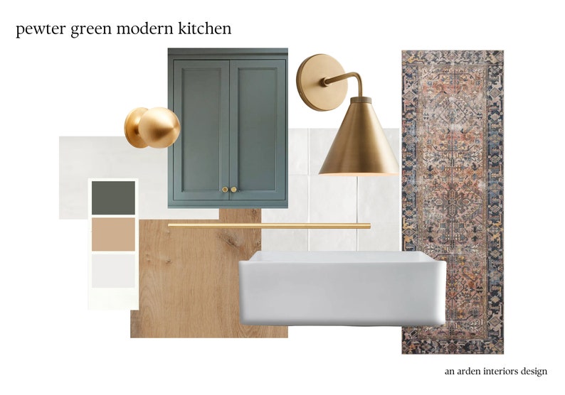 May include: A mood board for a modern kitchen featuring a pewter green cabinet, gold hardware, a white farmhouse sink, a wood countertop, and a patterned rug. The text "pewter green modern kitchen" is at the top of the image.