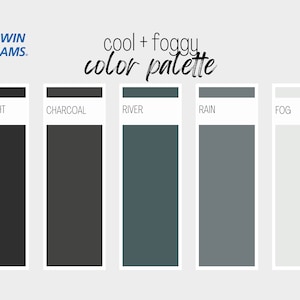 Cool + Foggy verfkleurenpalet, Sherwin Williams, interieurverfpalet, professioneel verfschema, kleurselectie, interieurontwerp