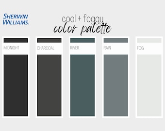 Cool + Foggy Paint Color Palette, Sherwin Williams, Interior Paint Palette, Professional Paint Scheme, Color Selection, Interior Design