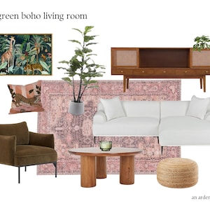 Paquete de diseño de sala de Mood Board, diseño electrónico de sala de estar Boho rosa y verde, tablero de humor de sala de estar Boho prefabricado, servicio de diseño de interiores en línea