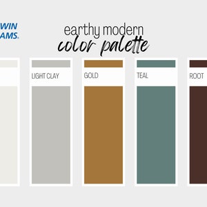 Aards modern verfkleurenpalet, Sherwin Williams, interieurverfpalet, professioneel verfschema, kleurselectie, interieurontwerp