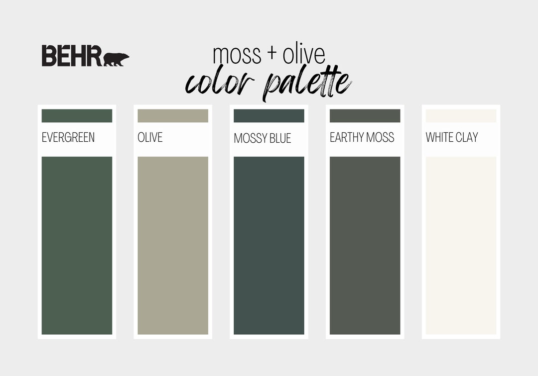 Moss Olive Paint Color Palette, Behr, Interior Paint Palette