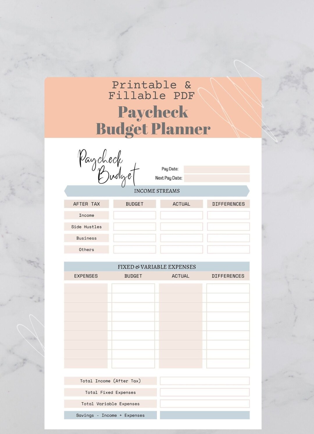 Printable Paycheck Budget Overview Template, Paycheck Budget Printable ...