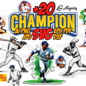 Pode incluir: Uma ilustração digital de um time de beisebol em várias poses, com as palavras "Los Angeles Champion +20 AI PNG JPG SVG EPS PDF DXF" em uma faixa amarela e vermelha.
