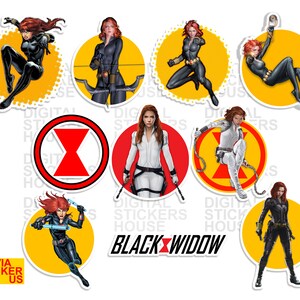 May include: Set of ten round stickers featuring Black Widow, a Marvel Comics superhero. Each sticker features a different image of Black Widow in a yellow circle with a black outline. The stickers are perfect for decorating laptops, water bottles, and other surfaces.