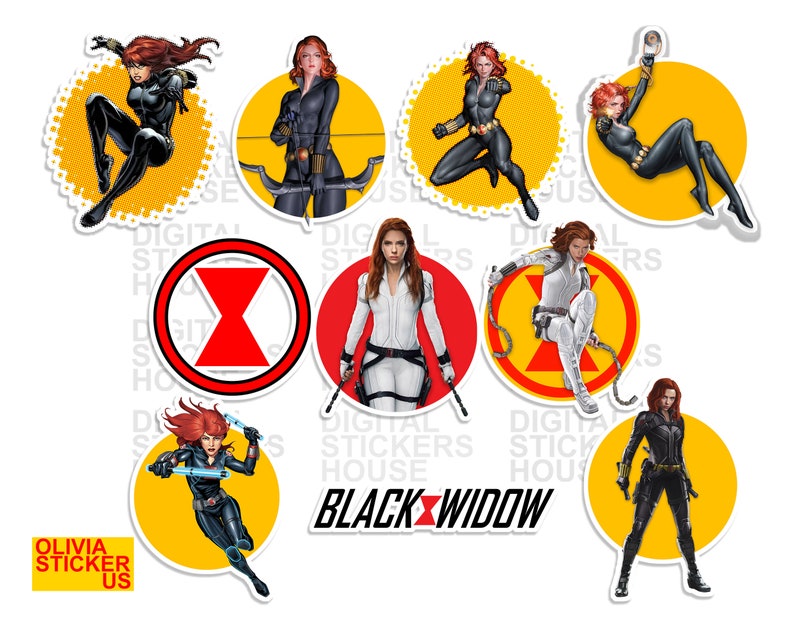 May include: Set of ten round stickers featuring Black Widow, a Marvel Comics superhero. Each sticker features a different image of Black Widow in a yellow circle with a black outline. The stickers are perfect for decorating laptops, water bottles, and other surfaces.