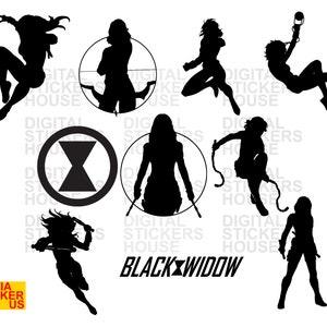 May include: Black and white silhouette images of Black Widow, a Marvel Comics superhero. The images show Black Widow in various poses, including standing, jumping, and fighting. The images are perfect for use as stickers, decals, or iron-ons.