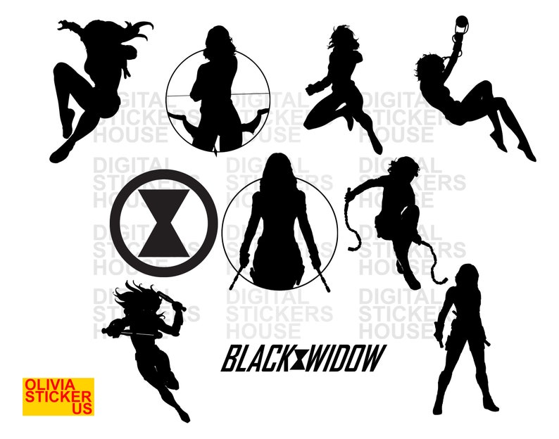 May include: Black and white silhouette images of Black Widow, a Marvel Comics superhero. The images show Black Widow in various poses, including standing, jumping, and fighting. The images are perfect for use as stickers, decals, or iron-ons.