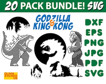 May include: A 20 pack bundle of digital cut files featuring Godzilla and King Kong. The files are available in SVG, DXF, EPS, PNG, JPG, and PDF formats. The image shows a black and white illustration of Godzilla and King Kong.